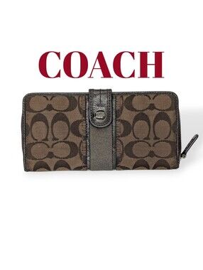 Coach Signature C Jacquard Canvas Patent Leather Zip Around Folding Wallet Dark